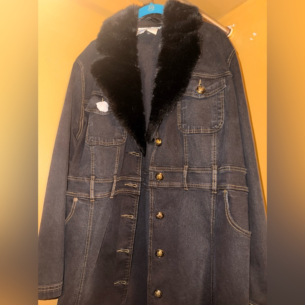 Black Denim Coat with Faux Fur Collar